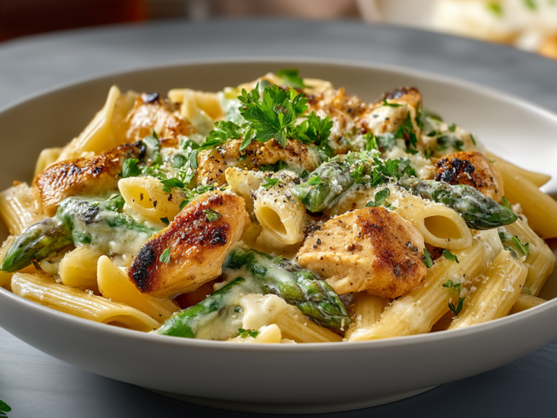 Ein Teller mit einer Spargel-Hähnchen-Nudelpfanne.