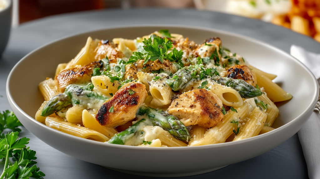 Spargel-Hähnchen-Nudelpfanne