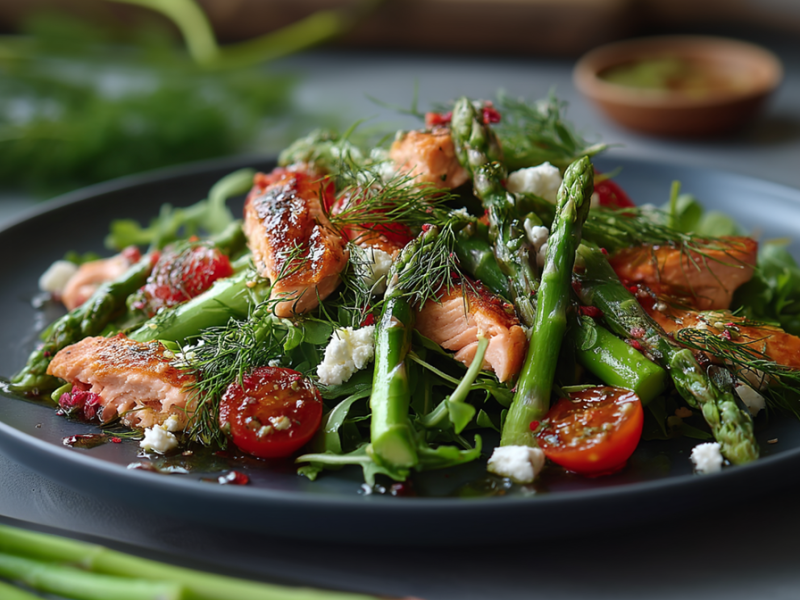 Ein großer Teller mit Spargel-Lachs-Salat, der außerdem Cherrytomaten, Rucola und Feta enthält. Der Salat ist mit frischem Dill garniert. Im Hintergrund kann man ein paar Tomaten, frischen Dill, eine Schale mit süßem Senf erkennen. Im Vordergrund neben dem Teller liegen zwei grüne Spargelstangen.