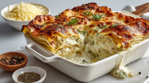 Spargel-Lasagne in einer weißen Auflaufform, ein Stück wurde schon entnommen. Daneben eine Schale mit geriebenem Käse und eine Schale mit Pfeffer.