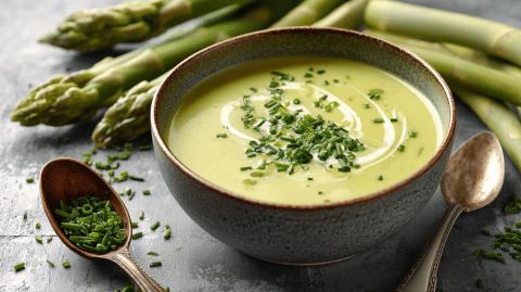 Eine Schüssel mit Spargel-Lauch-Suppe, die mit frischen Schnittlauchröllchen garniert ist. Neben der Schüssel liegt ein Löffel. Außerdem sind grüne Spargel- und Lauchstangen zu sehen.