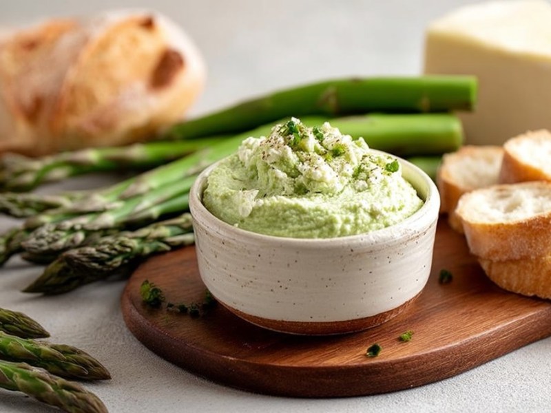 Ein Holzbrett auf dem eine kleine Schale mit Spargel-Ricotta-Dip steht. Neben der Schale liegen einige Scheiben frisches Baguette. Außerdem liegt grüner Spargel, ein Block Parmesan und frisches Baguette herum.