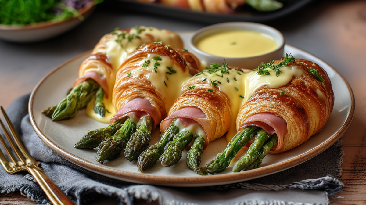 Vier Spargel-Schinken-Croissants liegen auf einem grauen Teller. Sie sind mit grünem Spargel und Schinken gefüllt und mit Hollandaise-Soße übergossen. Links neben dem Teller liegt eine Gabel. Im Hintergrund liegen noch einige Zutaten.