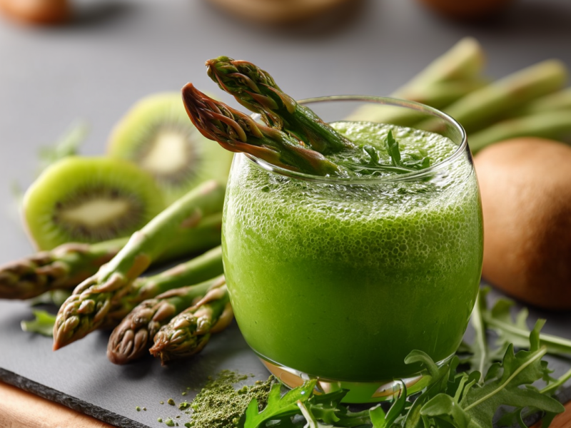 Ein Glas mit Spargel-Smoothie steht auf einer Schieferplatte auf einem Holzbrett. Um das Glas herum liegt ein wenig Rucola. Im Hintergrund sieht man grüne Spargelstangen, Kiwis und einen grünen Apfel. Zwei grüne Spargelstangen sind als Garnitur ins Glas gelegt.