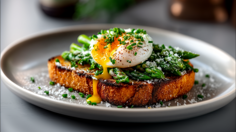 Ein Teller mit einem Spargel-Toast mit pochiertem Ei, der mit frischen Schnittlauchröllchen und etwas geriebenem Parmesan garniert ist. Der Teller steht auf einer grauen Arbeitsfläche.