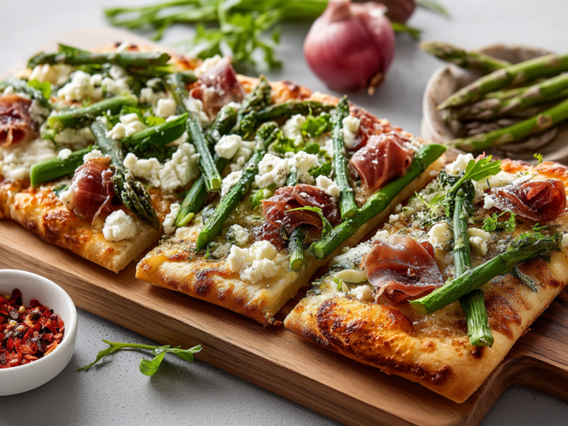 Eine Spargelpizza mit Ziegenkäse und Schwarzwälder Schinken, die auf einem Holzbrett liegt. Rings um liegen grüne Spargelstangen, eine Zwiebel, eine Knoblauchknolle, eine Schale mit Chiliflocken und frischer Rucola.