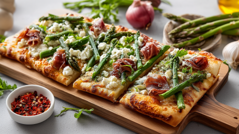 Eine Spargelpizza mit Ziegenkäse und Schwarzwälder Schinken, die auf einem Holzbrett liegt. Rings um liegen grüne Spargelstangen, eine Zwiebel, eine Knoblauchknolle, eine Schale mit Chiliflocken und frischer Rucola.
