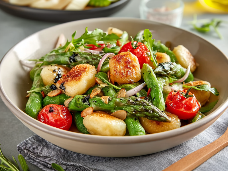 Eine Schüssel Spargelsalat mit Gnocchi steht auf einem grauen Tuch auf einem grauen Tisch. Rechts daneben liegt ein Kochlöffel aus Holz. Davor liegen ein paar frische Kräuter. Im Hintergrund sieht man noch eine aufgeschnittene Zwiebel.