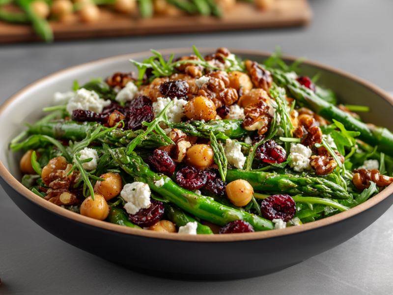 Eine große Schüssel voll Spargelsalat mit Kichererbsen und Cranberrys, der außerdem Walnüsse, Rucola und Feta enthält. Neben dem Salat steht ein kleines Gefäß mit Öl, im Hintergrund kann man grünen Spargel auf einem Holzbrett erkennen und es liegen zwei einzelne Walnüsse herum.