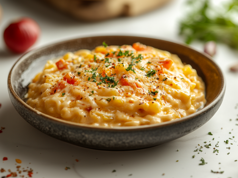 Ein Teller mit Spätzle'n'Cheese auf einem hellen Untergrund. Im Hintergrund sieht man noch eine gelbe Paprika, eine Zwiebel, frische Kräuter und zwei Knoblauchzehen.