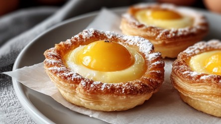 Mehrere Spiegelei-Törtchen auf einem Teller.