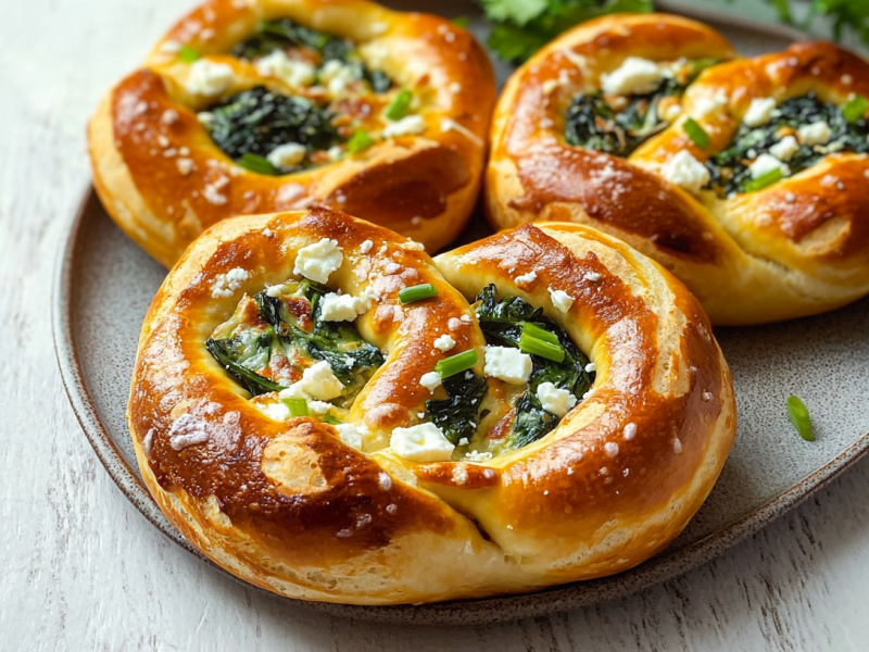 Drei Spinat-Feta-Brezel liegen auf einer grauen Schale. Im Hintergrund liegen noch frische Kräuter.