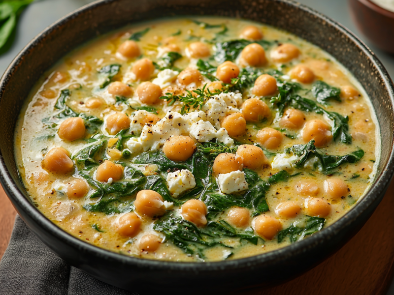 Eine Schüssel mit Spinat-Feta-Eintopf mit Kichererbsen.