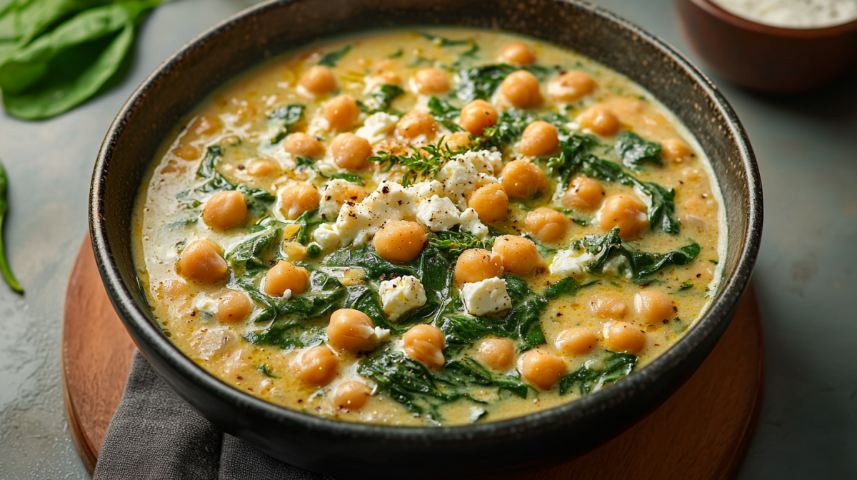 Eine Schüssel mit Spinat-Feta-Eintopf mit Kichererbsen.