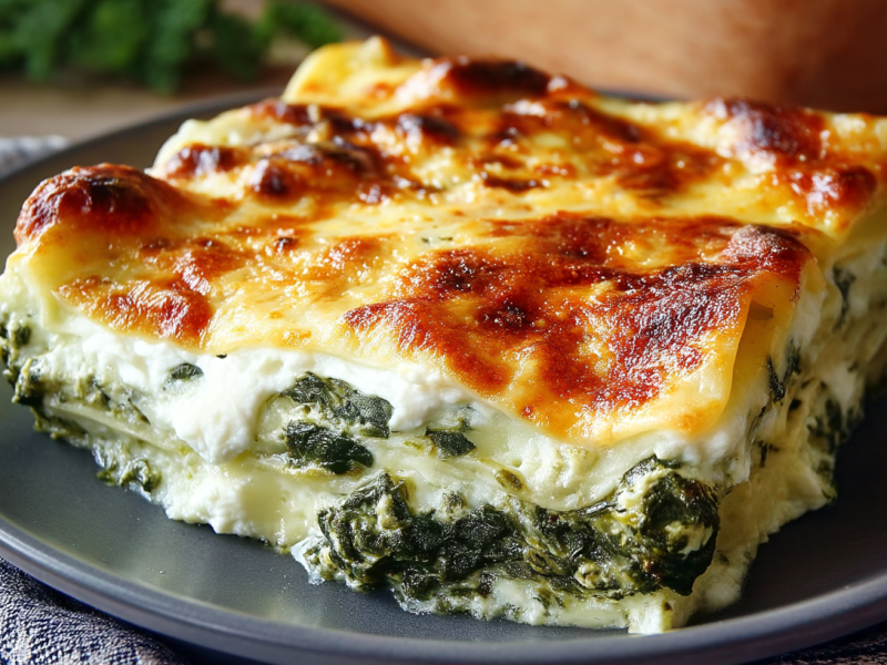 Ein Stück Spinat-Frischkäse-Lasagne auf einem dunklen Teller.