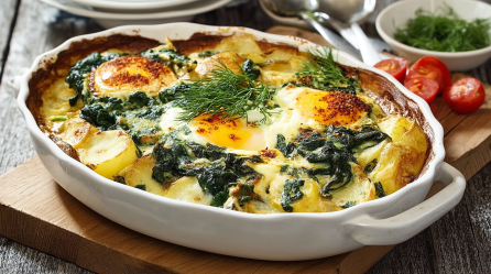 Spinat-Kartoffel-Auflauf mit Ei in einer Keramik-Auflaufform.