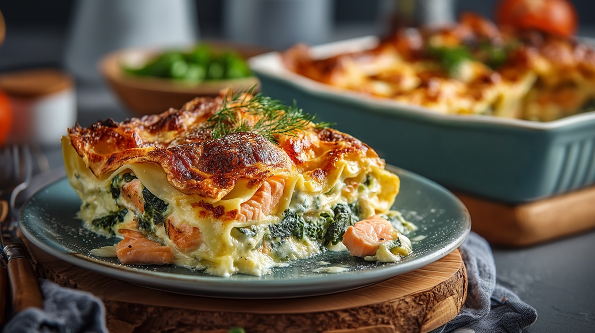 Ein Teller mit Spinat-Lachs-Lasagne, der auf einem runden Holzbrett steht. Im Hintergrund kann man eine Auflaufform mit Spinat-Lachs-Lasagne erkennen. Außerdem stehen einige Schüsseln und Gefäße herum, teilweise mit frischen Kräutern.