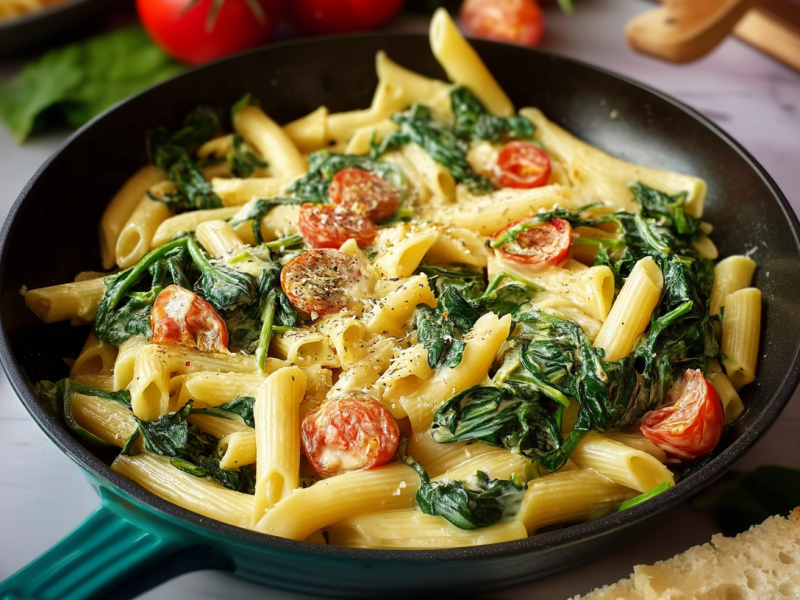 Eine Spinat-Nudelpfanne auf grauem Untergrund. Sie ist mit Blattspinat, Tomaten und Penne zubereitet. Rechts unten im Bild ist eine Scheibe Brot, darüber ein paar Tomaten. Links oben sieht man weitere Tomaten und links neben der Pfanne steht ein Holzbrett mit etwas geriebenem Käse.