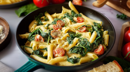 Eine Spinat-Nudelpfanne auf grauem Untergrund. Sie ist mit Blattspinat, Tomaten und Penne zubereitet. Rechts unten im Bild ist eine Scheibe Brot, darüber ein paar Tomaten. Links oben sieht man weitere Tomaten und links neben der Pfanne steht ein Holzbrett mit etwas geriebenem Käse.