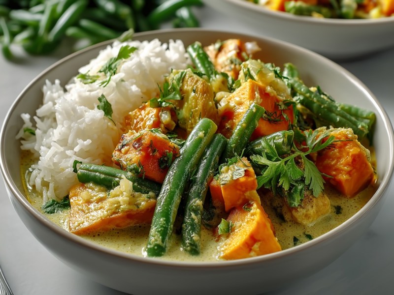 Ein Teller Süßkartoffelcurry mit grünen Bohnen und Reis. Daneben eine Gabel.