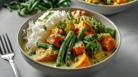 Ein Teller Süßkartoffelcurry mit grünen Bohnen und Reis. Daneben eine Gabel.