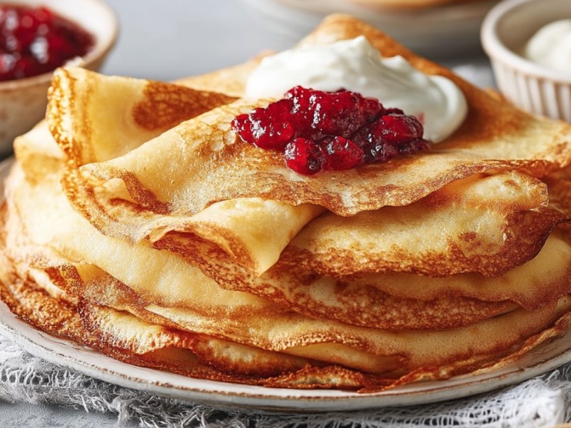 Ein Stapel Svele, norwegische Pfannkuchen, auf einem Teller. Dazu werden Preiselbeerkompott und Schmand serviert.