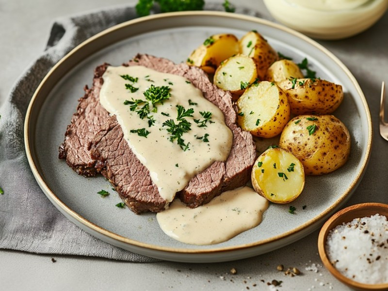 Teller mit Tafelspitz mit Meerrettichsoße und Kartoffeln