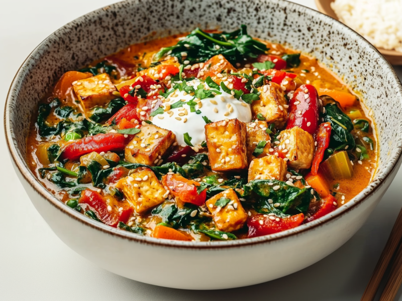 Eine Schüssel Thai-Curry auf einem weißen Tisch. Es ist mit Paprika, Spinat, Tofu und Joghurt zubereitet. Rechts neben der Schale liegen zwei Essstäbchen, rechts im Hintergrund steht eine Schale mit Sesamkörnern.