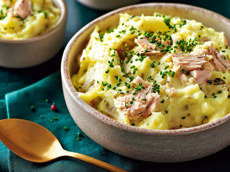 Thunfisch-Kartoffelpüree mit Schnittlauch in einer hellen Schale.