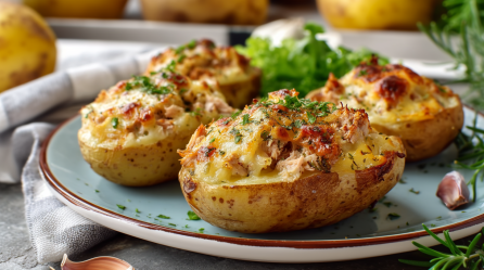 Vier Thunfisch-Ofenkartoffeln liegen auf einem Teller. Sie sind mit Thunfisch gefüllt und mit Käse überbacken. Rechts auf dem Teller liegt eine Knoblauchzehe. Man sieht noch einige frische Kräuter am Rand sowie etwas Salat im Hintergrund.