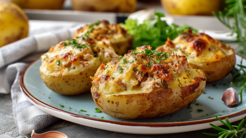 Vier Thunfisch-Ofenkartoffeln liegen auf einem Teller. Sie sind mit Thunfisch gefüllt und mit Käse überbacken. Rechts auf dem Teller liegt eine Knoblauchzehe. Man sieht noch einige frische Kräuter am Rand sowie etwas Salat im Hintergrund.