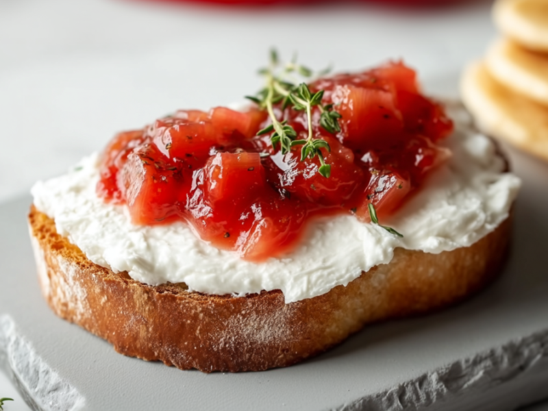 Eine kleine Steinplatte, auf der ein Toast mit Ziegenfrischkäse und Rhabarberkompott liegt, der mit frischem Thymian garniert ist.