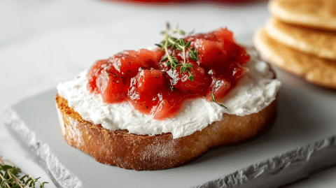Eine kleine Steinplatte, auf der ein Toast mit Ziegenfrischkäse und Rhabarberkompott liegt, der mit frischem Thymian garniert ist.