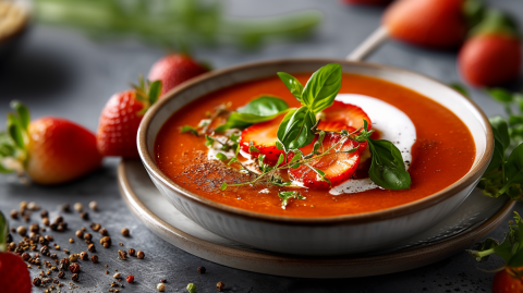 Ein tiefer Teller mit Tomaten-Erdbeer-Suppe, die mit frischen Kräutern, Erdbeerscheiben und etwas Sahne garniert ist. Der Teller steht auf einem weiteren Teller. Ringsum liegen einzelne Erdbeeren und Pfefferkörner herum. Im Hintergrund kann man außerdem Tomaten und frische Kräuter erkennen.