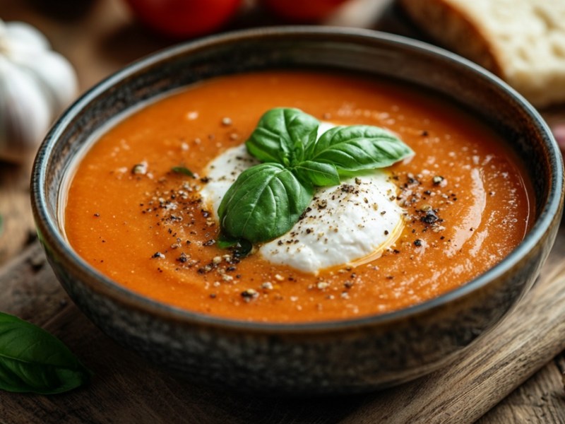 Schale mit Tomatensuppe mit geröstetem Knoblauch und Burrata