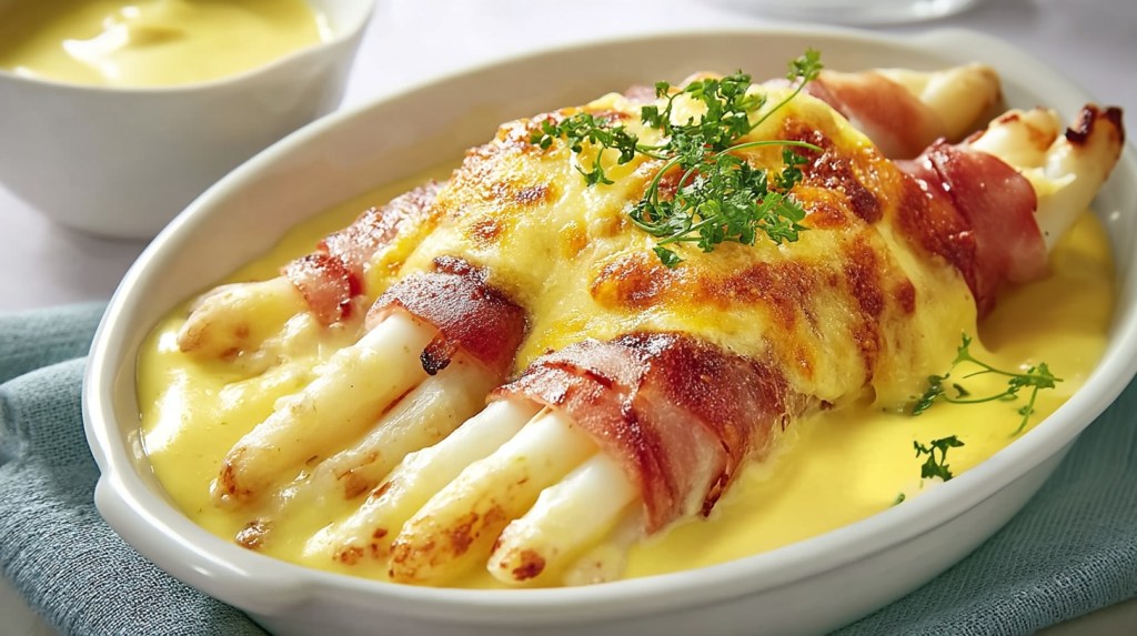 Überbackener Spargel mit Schinken und Sauce hollandaise