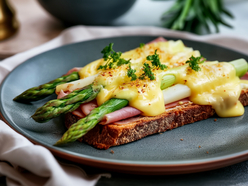 Ein Teller mit einem überbackenen Spargel-Toast mit Schinken und Käse. Der Teller ist auf einem Stofftuch platziert.