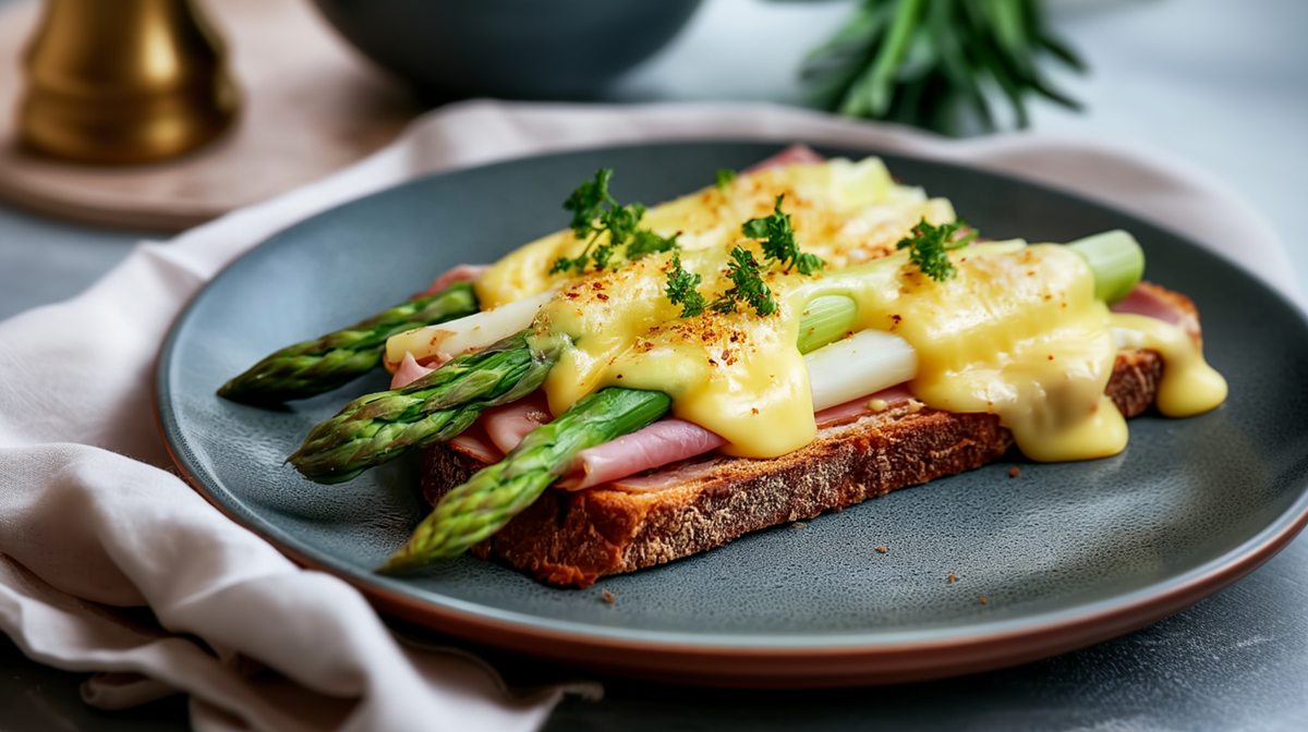 Ein Teller mit einem überbackenen Spargel-Toast mit Schinken und Käse. Der Teller ist auf einem Stofftuch platziert.