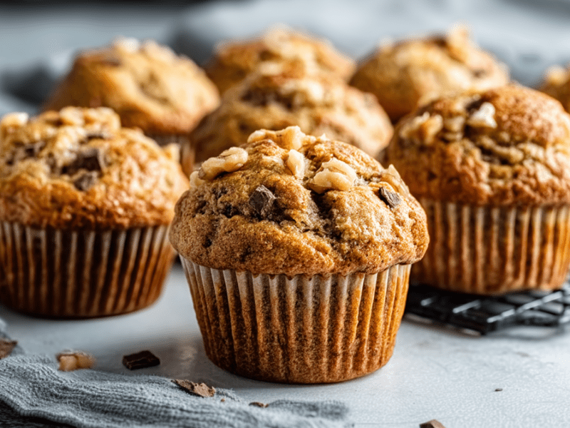 Ein Gitter auf dem eine Ladung vegane Bananenbrot-Muffins stehen, die Walnüsse und dunkle Schokostücke enthalten. Außerdem liegt ein Küchenhandtuch drapiert im Bild. Im Vordergrund stehen zwei einzelne vegane Bananenbrot-Muffins auf der hellen Arbeitsfläche.