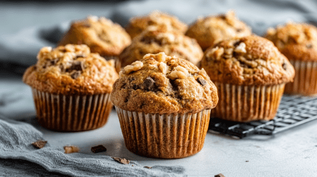 Ein Gitter auf dem eine Ladung vegane Bananenbrot-Muffins stehen, die Walnüsse und dunkle Schokostücke enthalten. Außerdem liegt ein Küchenhandtuch drapiert im Bild. Im Vordergrund stehen zwei einzelne vegane Bananenbrot-Muffins auf der hellen Arbeitsfläche.
