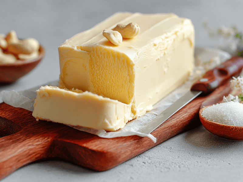 Ein Holzbrett, auf dem ein Block vegane Butter liegt, die mit zwei Cashewkernen garniert ist. Im Hintergrund steht eine Schale mit Cashewkernen. Außerdem steht neben dem Brett eine kleine Schale mit Salz. Ein Messer liegt auf dem Brett.