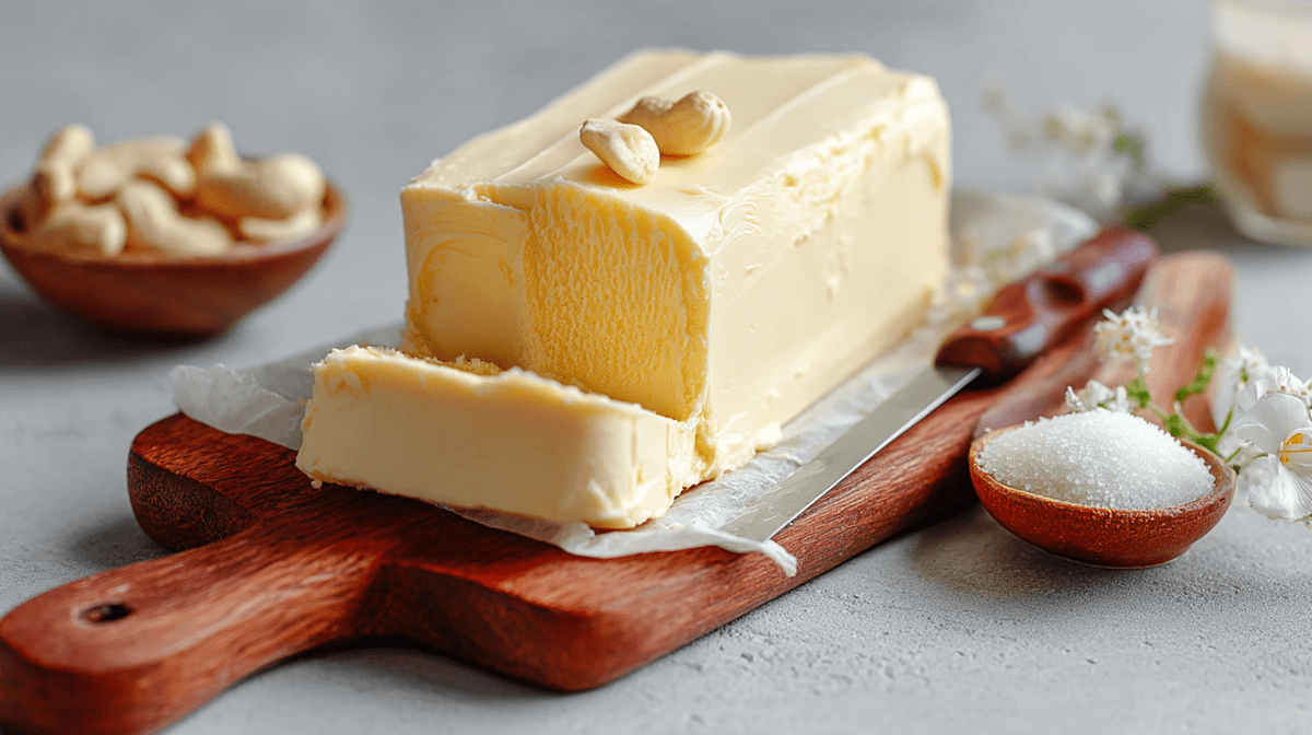Ein Holzbrett, auf dem ein Block vegane Butter liegt, die mit zwei Cashewkernen garniert ist. Im Hintergrund steht eine Schale mit Cashewkernen. Außerdem steht neben dem Brett eine kleine Schale mit Salz. Ein Messer liegt auf dem Brett.