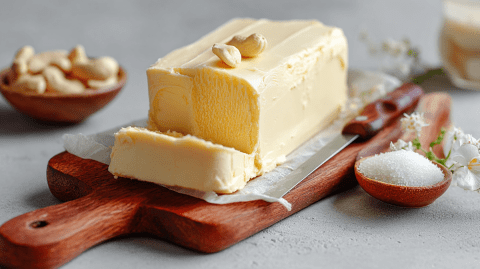 Ein Holzbrett, auf dem ein Block vegane Butter liegt, die mit zwei Cashewkernen garniert ist. Im Hintergrund steht eine Schale mit Cashewkernen. Außerdem steht neben dem Brett eine kleine Schale mit Salz. Ein Messer liegt auf dem Brett.