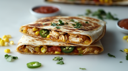 Zwei vegane Hähnchen-Quesadillas liegen übereinander auf einem hellen Untergrund. Sie sind mit Jackfrucht-Stücken, gehackten Tomaten, Mais und Jalapeños gefüllt. Um sie herum liegen frischer Koriander, Mais und eine Jalapeñoscheibe.