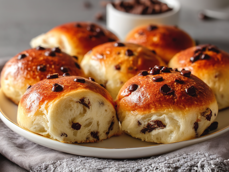 Sieben vegane Schokobrötchen liegen auf einem weißen Teller auf einem grauen Tuch. Im Hintergrund sieht man noch eine Tasse mit Schokotropfen.