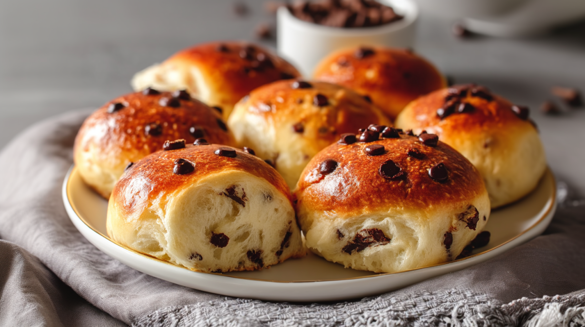 Sieben vegane Schokobrötchen liegen auf einem weißen Teller auf einem grauen Tuch. Im Hintergrund sieht man noch eine Tasse mit Schokotropfen.
