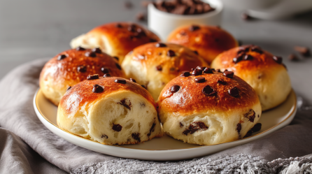 Sieben vegane Schokobrötchen liegen auf einem weißen Teller auf einem grauen Tuch. Im Hintergrund sieht man noch eine Tasse mit Schokotropfen.