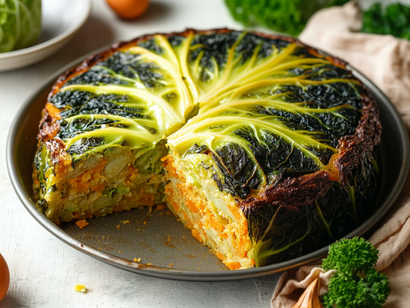 Ein vegetarischer Wirsingkuchen auf einem Teller. Davor liegt ein Ei und etwas Petersilie. Rechts daneben liegt ein Tuch. Im Hintergrund sieht man noch einen kleinen Kohlkopf, ein Ei sowie weitere frische Kräuter.