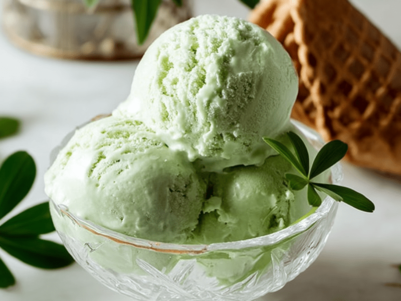 Drei Kugeln Waldmeister-Eis in einer Glasschale. Es ist mit Waldmeister-Blättern garniert. Dahinter liegt eine Eiswaffel.