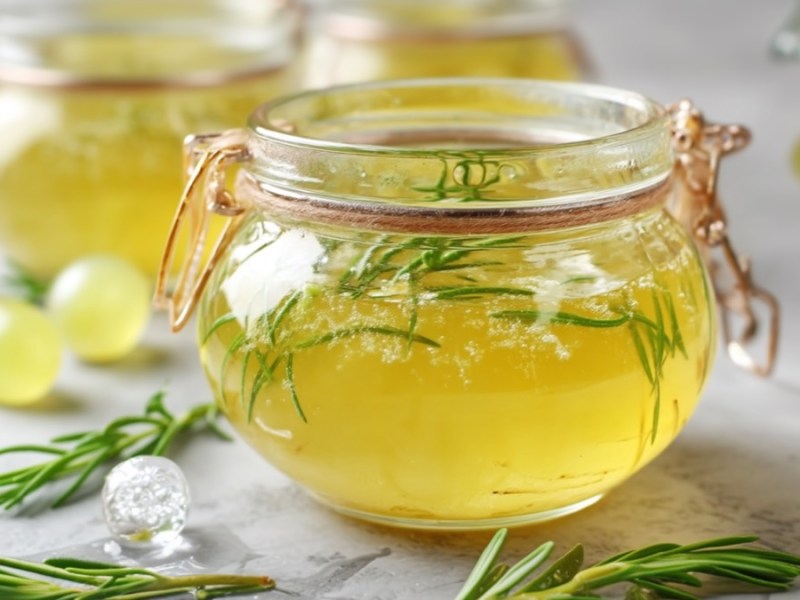 Mehrere Gläser weißes Traubengelee mit Rosmarin.